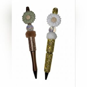 Flower Rhinestone Beaded Pen Set with Gold, Sage and White Details